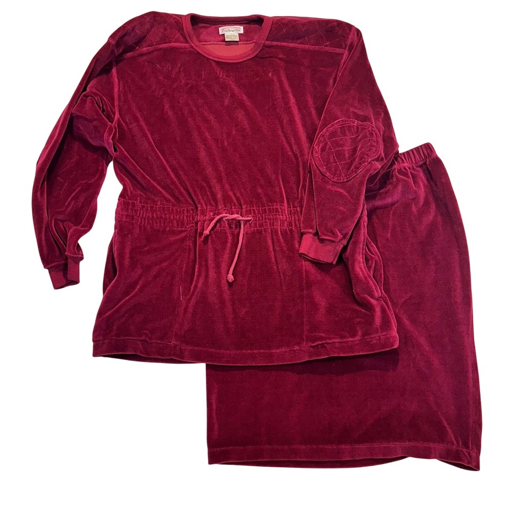 Talbots Vintage Velour‎ Skirt Set XS Burgundy Quilt Elbow Patch Drawstring Tunic